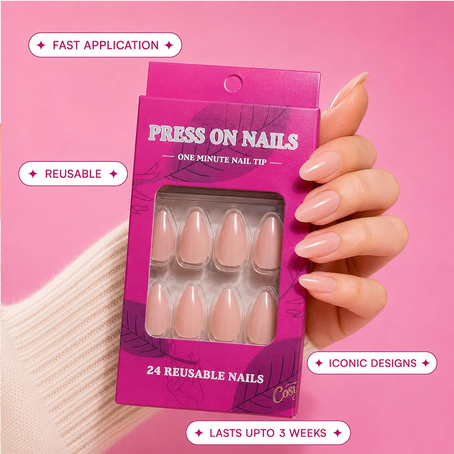 Press On Nails for Women | Light Pink Nude Almond Fake Nails 24 Pieces | Reusable Artificial Nail Tips | Stick On Nails | Easy Apply Manicure for Party Wedding Daily Wear - View 4 of 6
