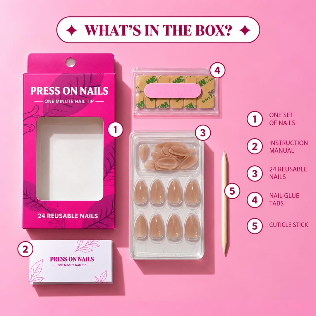 Press On Nails for Women | Glossy Pink Almond Fake Nails 24 Pieces | Reusable Artificial Nail Tips | Easy Apply Stick On Nails | Manicure for Party Wedding Daily Wear - View 2 of 5