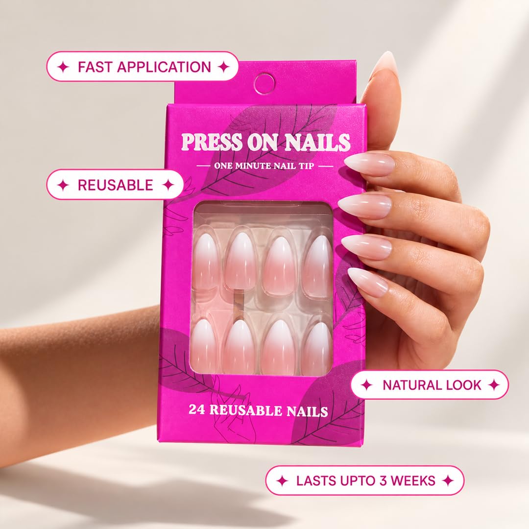 Press On Nails for Women | Glossy Pink Almond Fake Nails 24 Pieces | Reusable Artificial Nail Tips | Easy Apply Stick On Nails | Manicure for Party Wedding Daily Wear - View 3 of 5